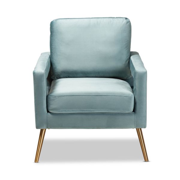 Leland Glam and Luxe Light Blue Velvet Fabric Upholstered and Gold Finished Armchair 