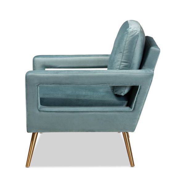 Leland Glam and Luxe Light Blue Velvet Fabric Upholstered and Gold Finished Armchair 