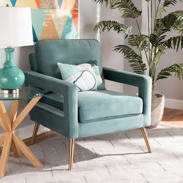 Leland Glam and Luxe Light Blue Velvet Fabric Upholstered and Gold Finished Armchair 