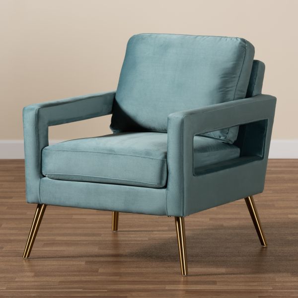 Leland Glam and Luxe Light Blue Velvet Fabric Upholstered and Gold Finished Armchair 