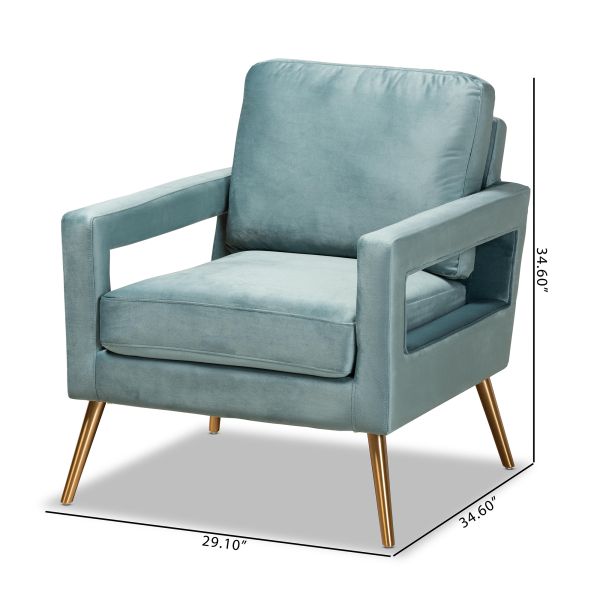 Leland Glam and Luxe Light Blue Velvet Fabric Upholstered and Gold Finished Armchair 