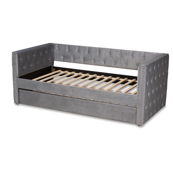 Larkin Modern and Contemporary Grey Velvet Fabric Upholstered Twin Size Daybed with Trundle
