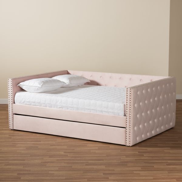 Larkin Modern and Contemporary Pink Velvet Fabric Upholstered Full Size Daybed with Trundle