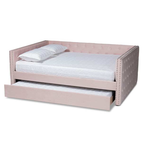Larkin Modern and Contemporary Pink Velvet Fabric Upholstered Full Size Daybed with Trundle