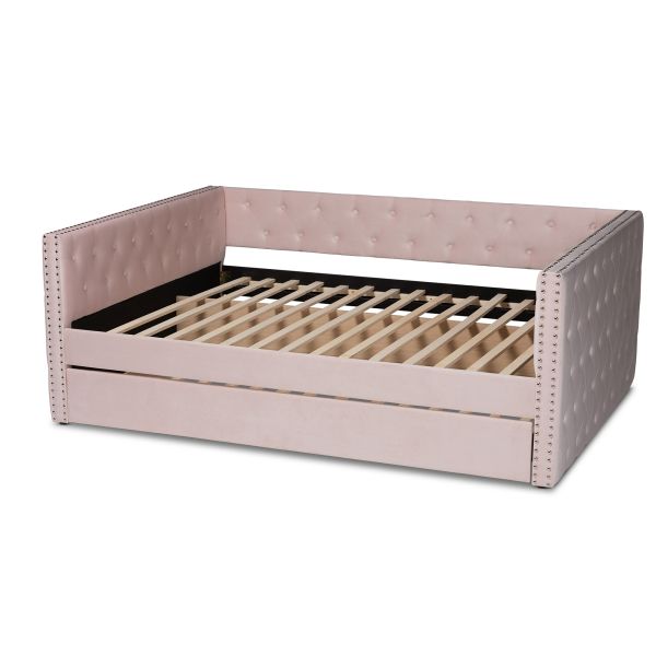 Larkin Modern and Contemporary Pink Velvet Fabric Upholstered Full Size Daybed with Trundle