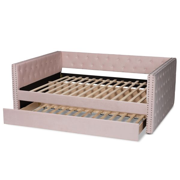 Larkin Modern and Contemporary Pink Velvet Fabric Upholstered Full Size Daybed with Trundle