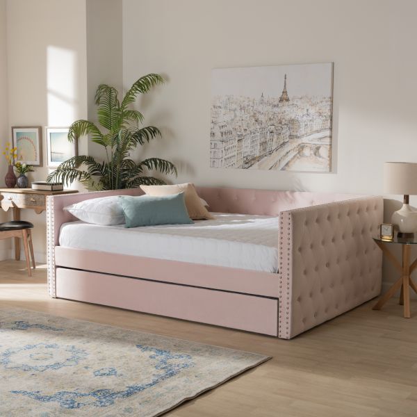 Larkin Modern and Contemporary Pink Velvet Fabric Upholstered Full Size Daybed with Trundle