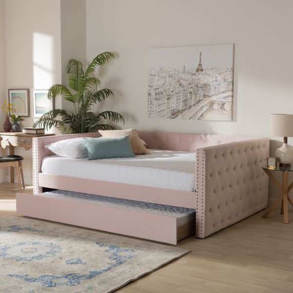 Larkin Modern and Contemporary Pink Velvet Fabric Upholstered Full Size Daybed with Trundle