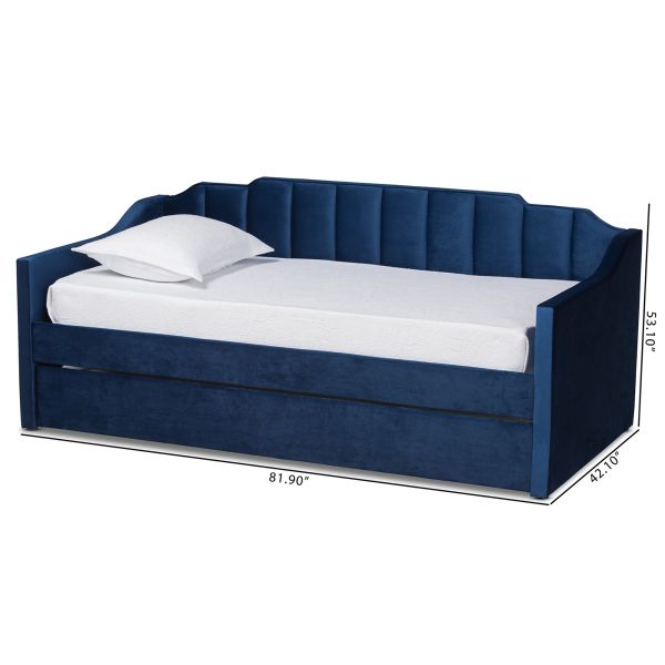 Lennon Modern and Contemporary Navy Blue Velvet Fabric Upholstered Twin Size Daybed with Trundle