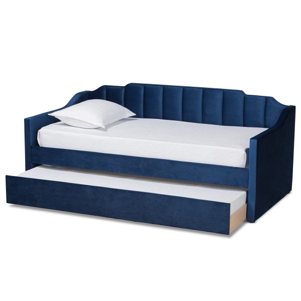 Lennon Modern and Contemporary Navy Blue Velvet Fabric Upholstered Twin Size Daybed with Trundle