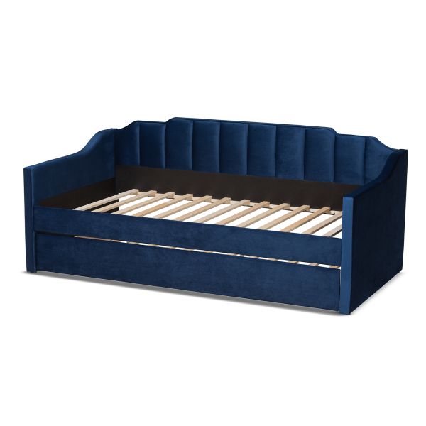 Lennon Modern and Contemporary Navy Blue Velvet Fabric Upholstered Twin Size Daybed with Trundle