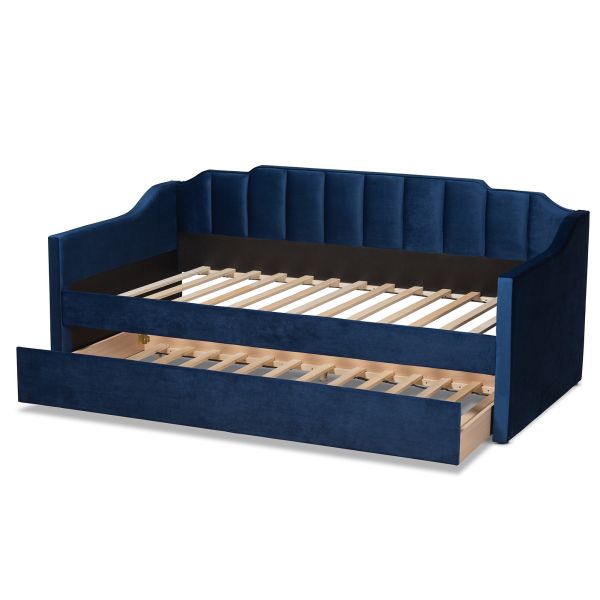 Lennon Modern and Contemporary Navy Blue Velvet Fabric Upholstered Twin Size Daybed with Trundle