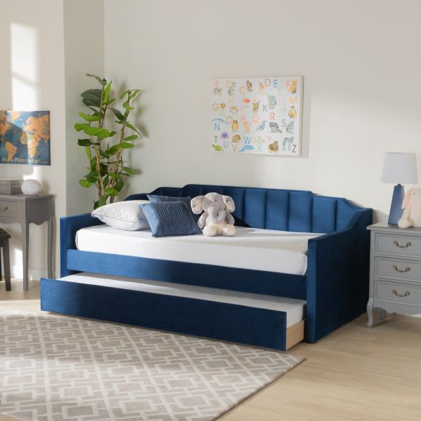 Lennon Modern and Contemporary Navy Blue Velvet Fabric Upholstered Twin Size Daybed with Trundle