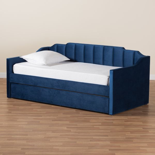 Lennon Modern and Contemporary Navy Blue Velvet Fabric Upholstered Twin Size Daybed with Trundle