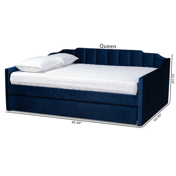 Lennon Modern and Contemporary Navy Blue Velvet Fabric Upholstered Full Size Daybed with Trundle