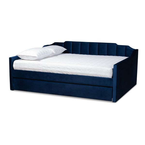 Lennon Modern and Contemporary Navy Blue Velvet Fabric Upholstered Queen Size Daybed with Trundle