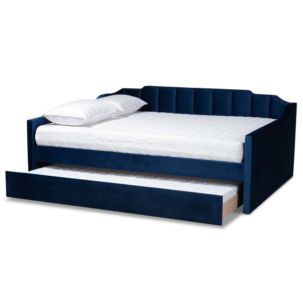 Lennon Modern and Contemporary Navy Blue Velvet Fabric Upholstered Full Size Daybed with Trundle
