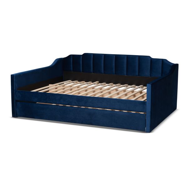 Lennon Modern and Contemporary Navy Blue Velvet Fabric Upholstered Full Size Daybed with Trundle