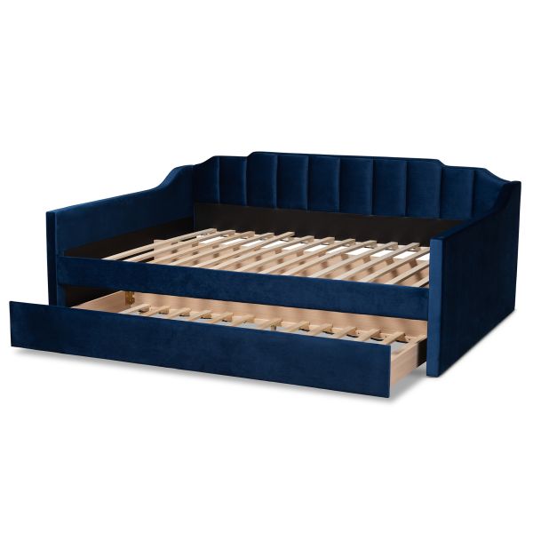 Lennon Modern and Contemporary Navy Blue Velvet Fabric Upholstered Queen Size Daybed with Trundle