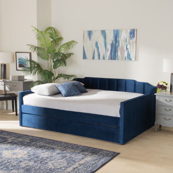 Lennon Modern and Contemporary Navy Blue Velvet Fabric Upholstered Full Size Daybed with Trundle