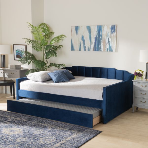Lennon Modern and Contemporary Navy Blue Velvet Fabric Upholstered Full Size Daybed with Trundle