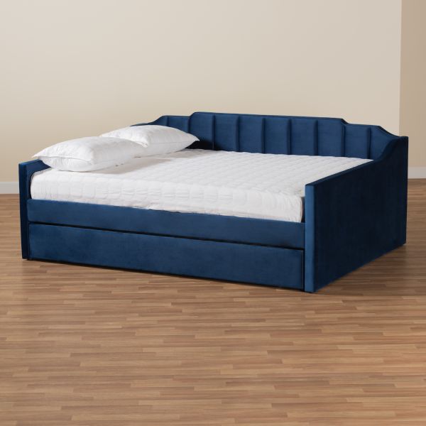 Lennon Modern and Contemporary Navy Blue Velvet Fabric Upholstered Queen Size Daybed with Trundle