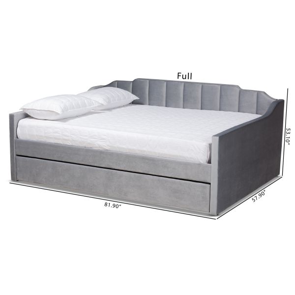Lennon Modern and Contemporary Grey Velvet Fabric Upholstered Full Size Daybed with Trundle