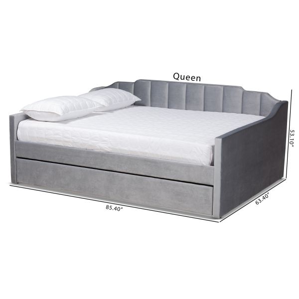 Lennon Modern and Contemporary Grey Velvet Fabric Upholstered Full Size Daybed with Trundle