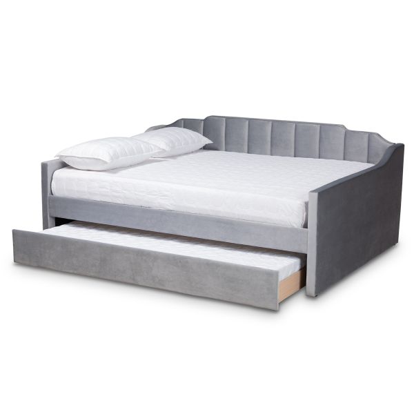 Lennon Modern and Contemporary Grey Velvet Fabric Upholstered Full Size Daybed with Trundle