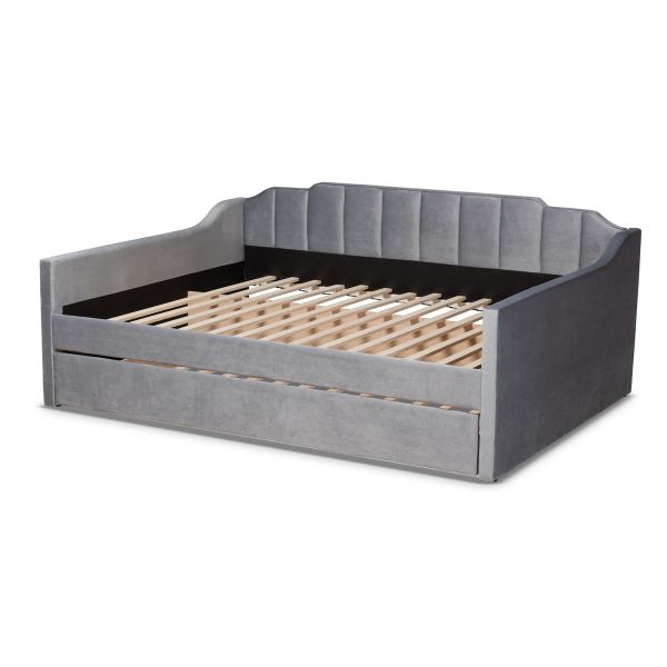 Lennon Modern and Contemporary Grey Velvet Fabric Upholstered Full Size Daybed with Trundle