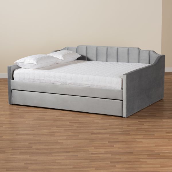 Lennon Modern and Contemporary Grey Velvet Fabric Upholstered Full Size Daybed with Trundle