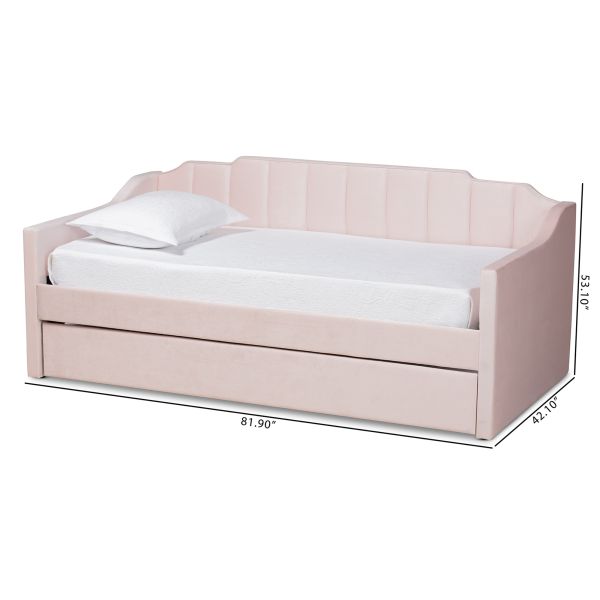 Lennon Modern and Contemporary Pink Velvet Fabric Upholstered Twin Size Daybed with Trundle