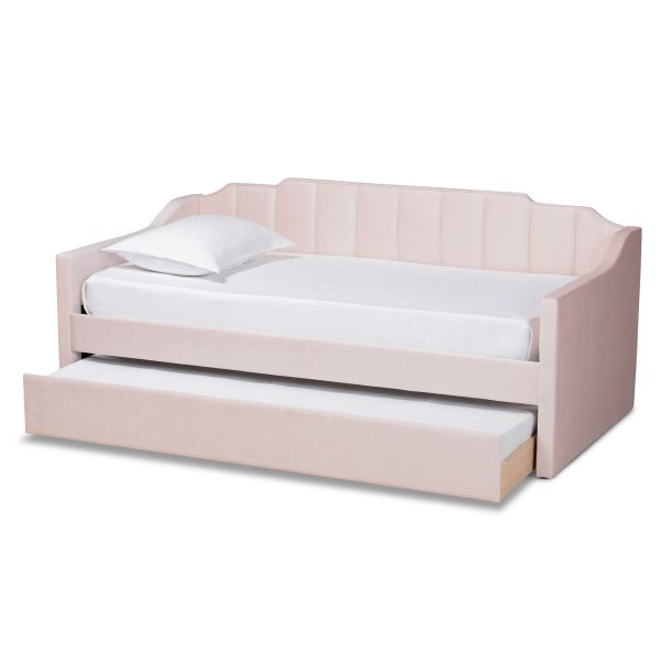 Lennon Modern and Contemporary Pink Velvet Fabric Upholstered Twin Size Daybed with Trundle