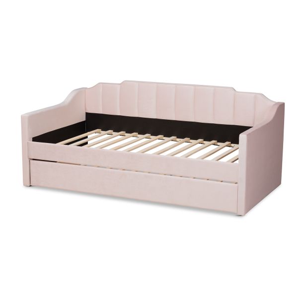 Lennon Modern and Contemporary Pink Velvet Fabric Upholstered Twin Size Daybed with Trundle