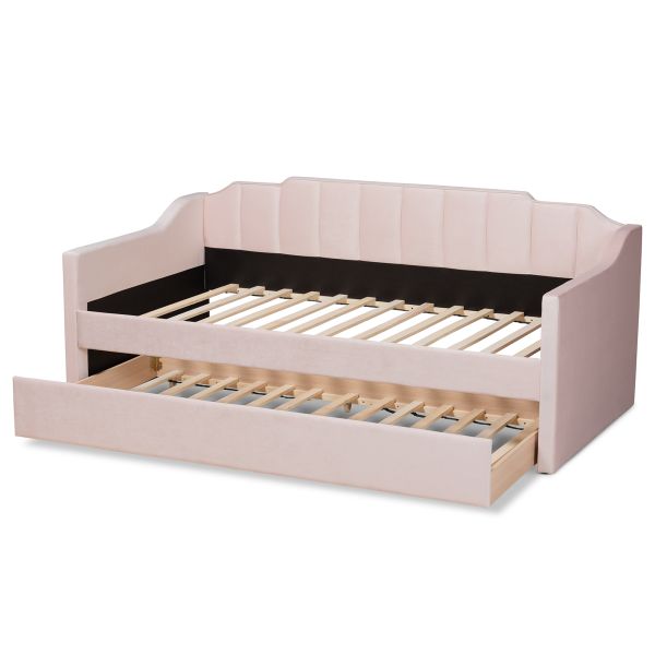 Lennon Modern and Contemporary Pink Velvet Fabric Upholstered Twin Size Daybed with Trundle