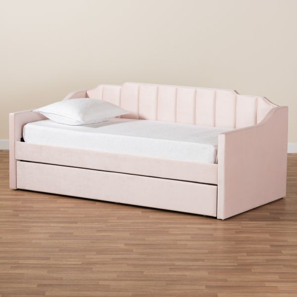 Lennon Modern and Contemporary Pink Velvet Fabric Upholstered Twin Size Daybed with Trundle