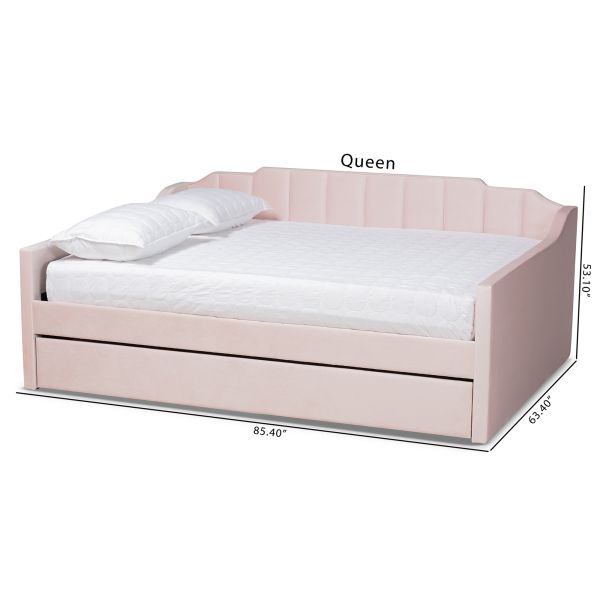 Lennon Modern and Contemporary Pink Velvet Fabric Upholstered Full Size Daybed with Trundle