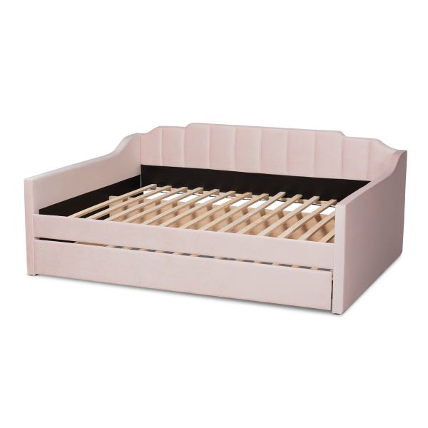 Lennon Modern and Contemporary Pink Velvet Fabric Upholstered Full Size Daybed with Trundle