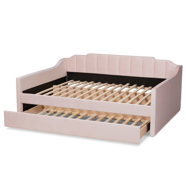 Lennon Modern and Contemporary Pink Velvet Fabric Upholstered Queen Size Daybed with Trundle