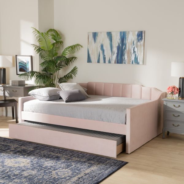 Lennon Modern and Contemporary Pink Velvet Fabric Upholstered Queen Size Daybed with Trundle
