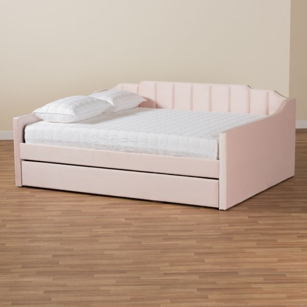 Lennon Modern and Contemporary Pink Velvet Fabric Upholstered Full Size Daybed with Trundle