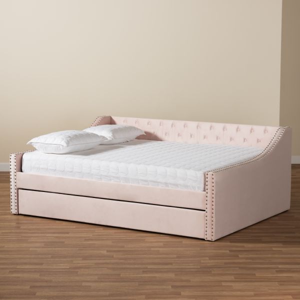 Raphael Modern and Contemporary Pink Velvet Fabric Upholstered Full Size Daybed with Trundle