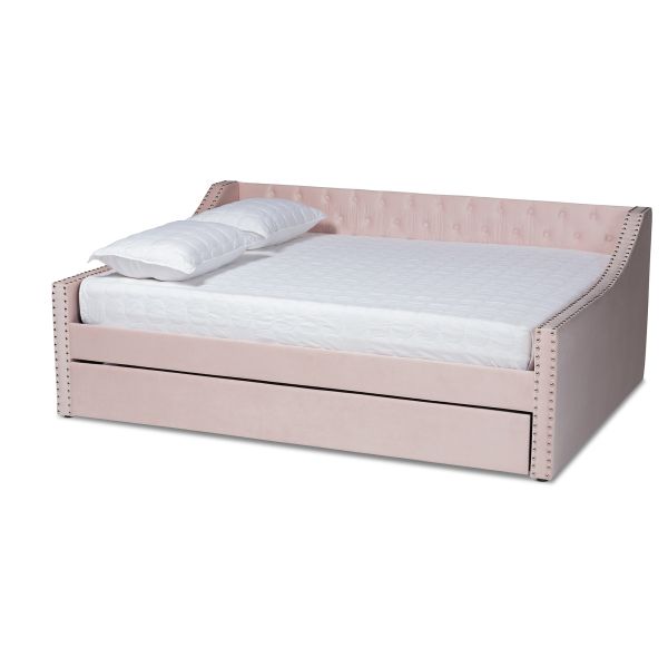 Raphael Modern and Contemporary Pink Velvet Fabric Upholstered Full Size Daybed with Trundle