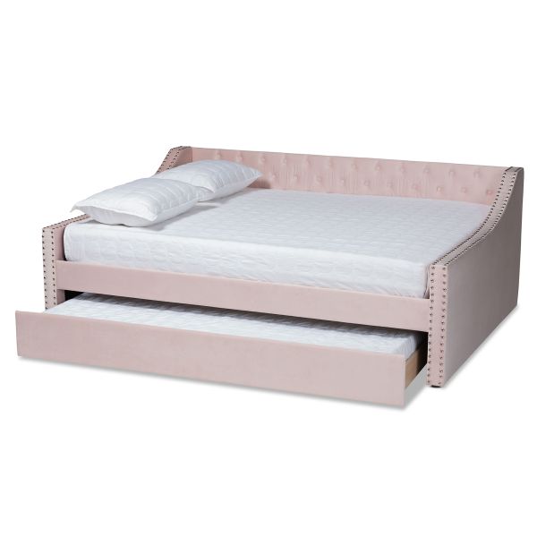 Raphael Modern and Contemporary Pink Velvet Fabric Upholstered Full Size Daybed with Trundle