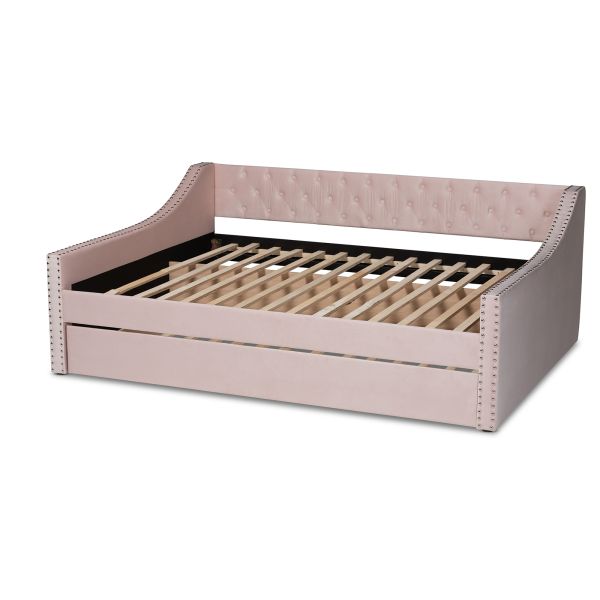 Raphael Modern and Contemporary Pink Velvet Fabric Upholstered Full Size Daybed with Trundle