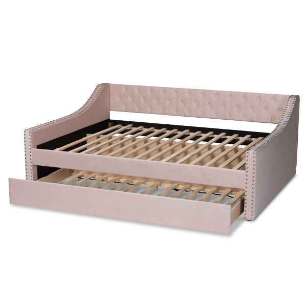Raphael Modern and Contemporary Pink Velvet Fabric Upholstered Full Size Daybed with Trundle