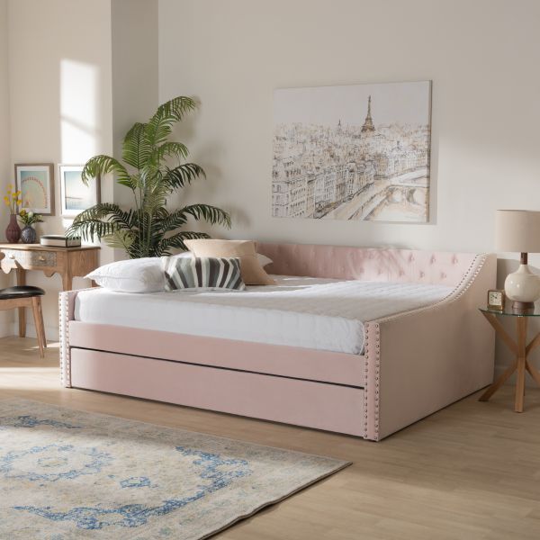Raphael Modern and Contemporary Pink Velvet Fabric Upholstered Full Size Daybed with Trundle