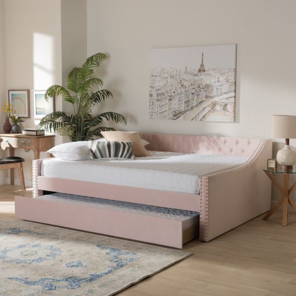 Raphael Modern and Contemporary Pink Velvet Fabric Upholstered Full Size Daybed with Trundle