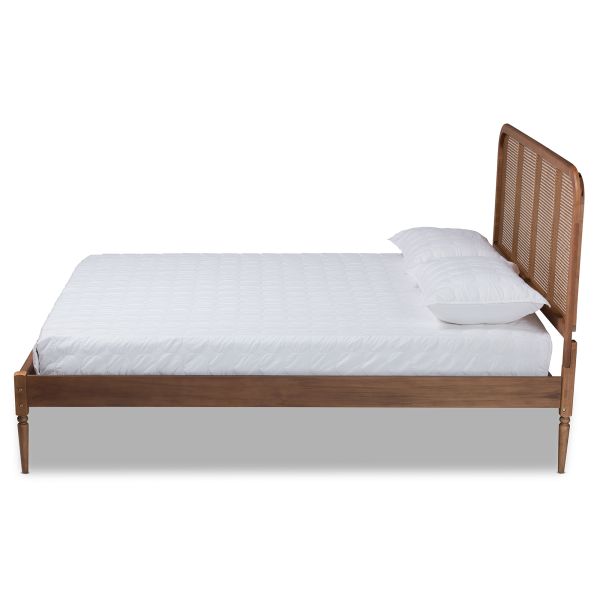 Elston Mid-Century Modern Walnut Brown Finished Wood and Synthetic Rattan Queen Size Platform Bed