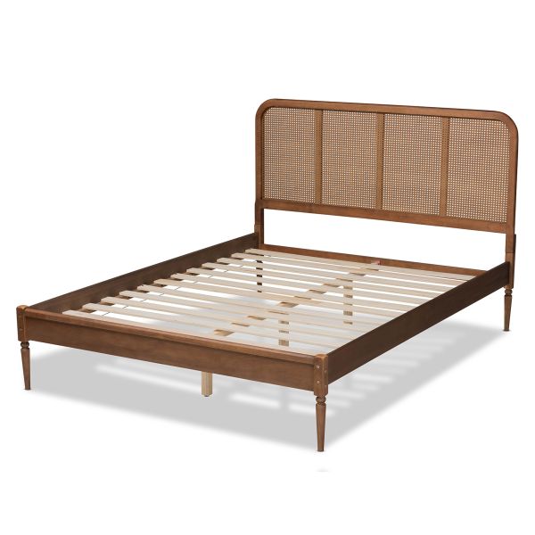 Elston Mid-Century Modern Walnut Brown Finished Wood and Synthetic Rattan Queen Size Platform Bed
